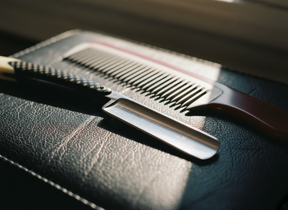 Chrome straight razor and steel comb in vintage cinematic light