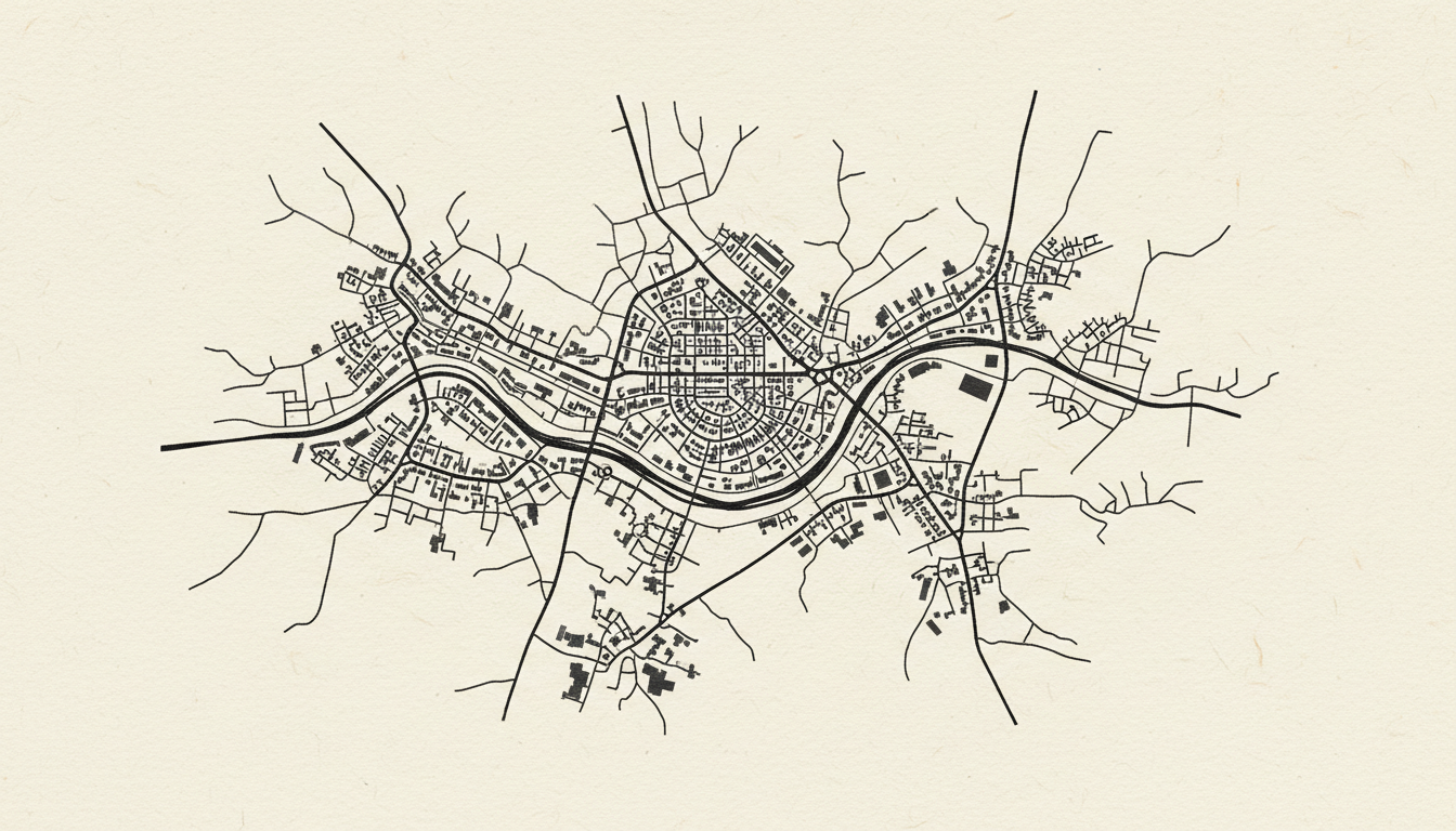 Monochrome blueprint-style map artwork inspired by Woking